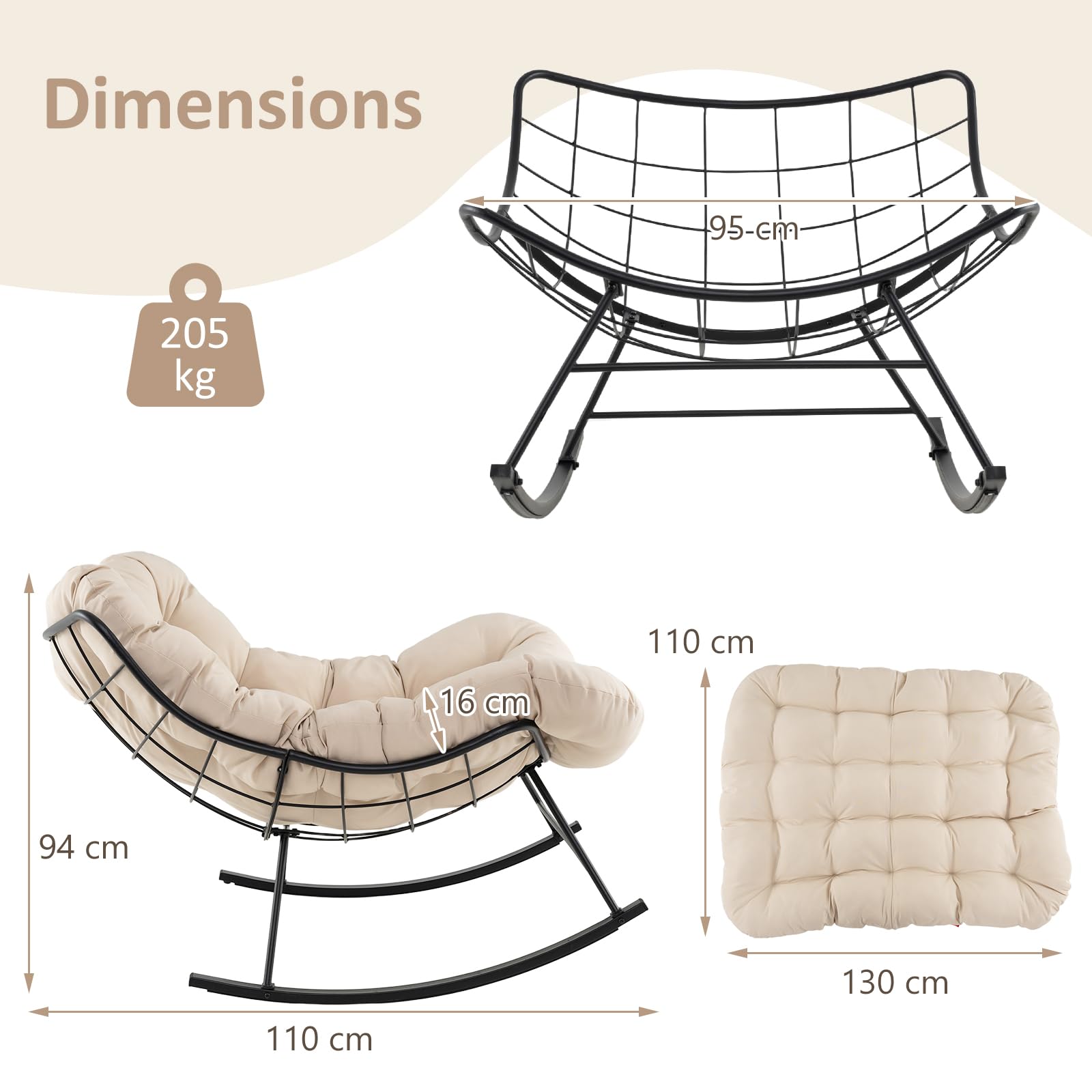 COSTWAY Fauteuil a Bascule d'Intérieur et d'Extérieur, Chaise Papasan Surdimensionnée avec Coussin Rembourré, Cadre en Métal, Fauteuil Œuf pour Salon, Patio, Capacité 205 kg (Beige)