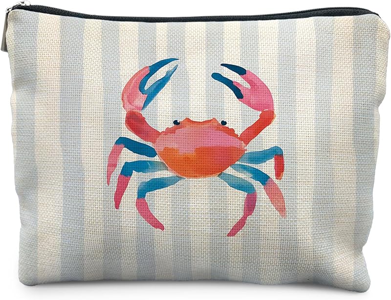 Necessaire de maquiagem KBRCT Coastal com estampa de caranguejos e listras azuis, modelo 149