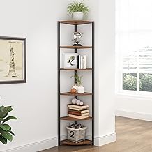 soges Bibliothèque d'angle Étagère de Rangement Angle à 6 Niveaux 165 cm en Métal Bibliothèque Coin, Gain de Place Meuble d'angle Noir et Marron Rustique