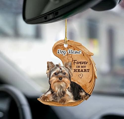 Adorno personalizado de Yorkshire Terrier para perro en alas de ángel, Yorkie Forever in My Heart, accesorios de espejo de automóvil para regalo de