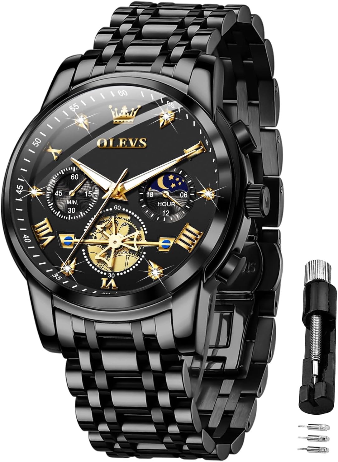 Men Skeleton Watches Stainless Steel Analog Quartz Moon Phase Male Diamond Multi Calendar Chronograph Waterproof Wrist Watch for Men