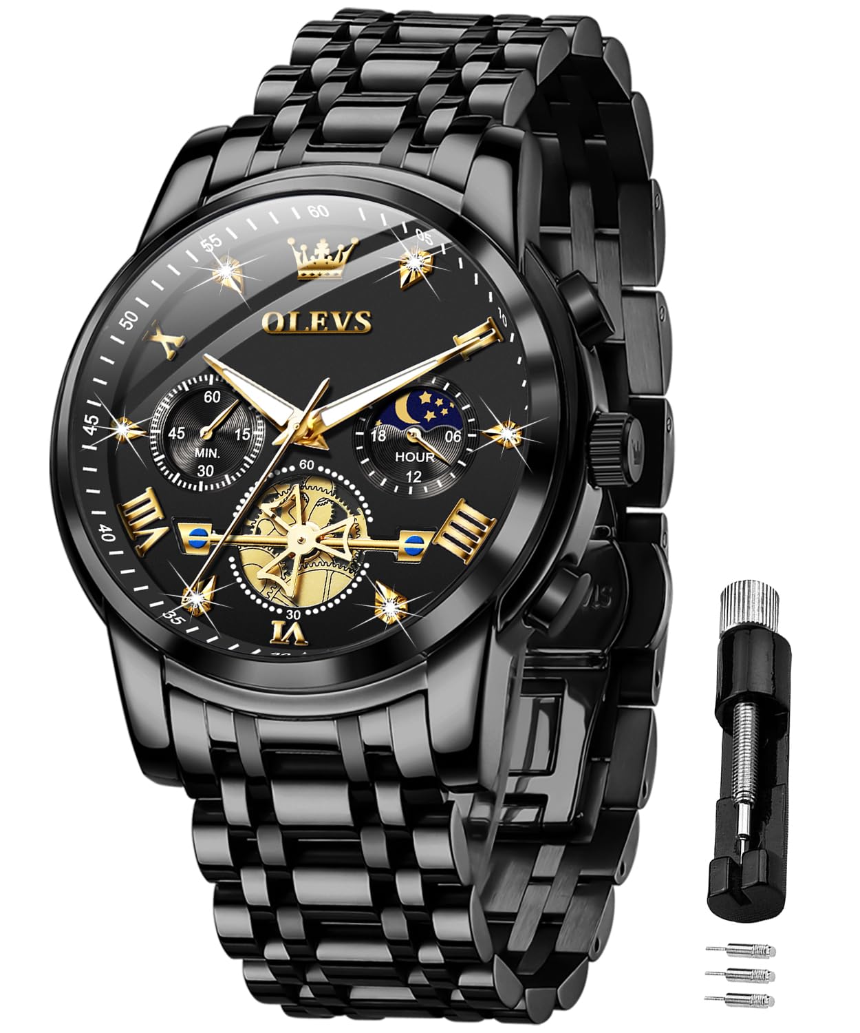 OLEVSMen Skeleton Watches Stainless Steel Analog Quartz Moon Phase Male Diamond Multi Calendar Chronograph Waterproof Wrist Watch for Men