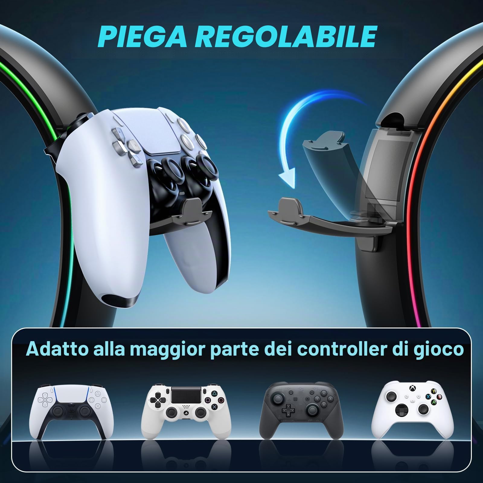 KDD Supporto Cuffie & Controller con 9 Modalità di Illuminazione - Supporto Controller Pieghevole per Scrivania - Porta Cuffie con Organizer per Cavi - Accessori da Scrivania per Giocatori