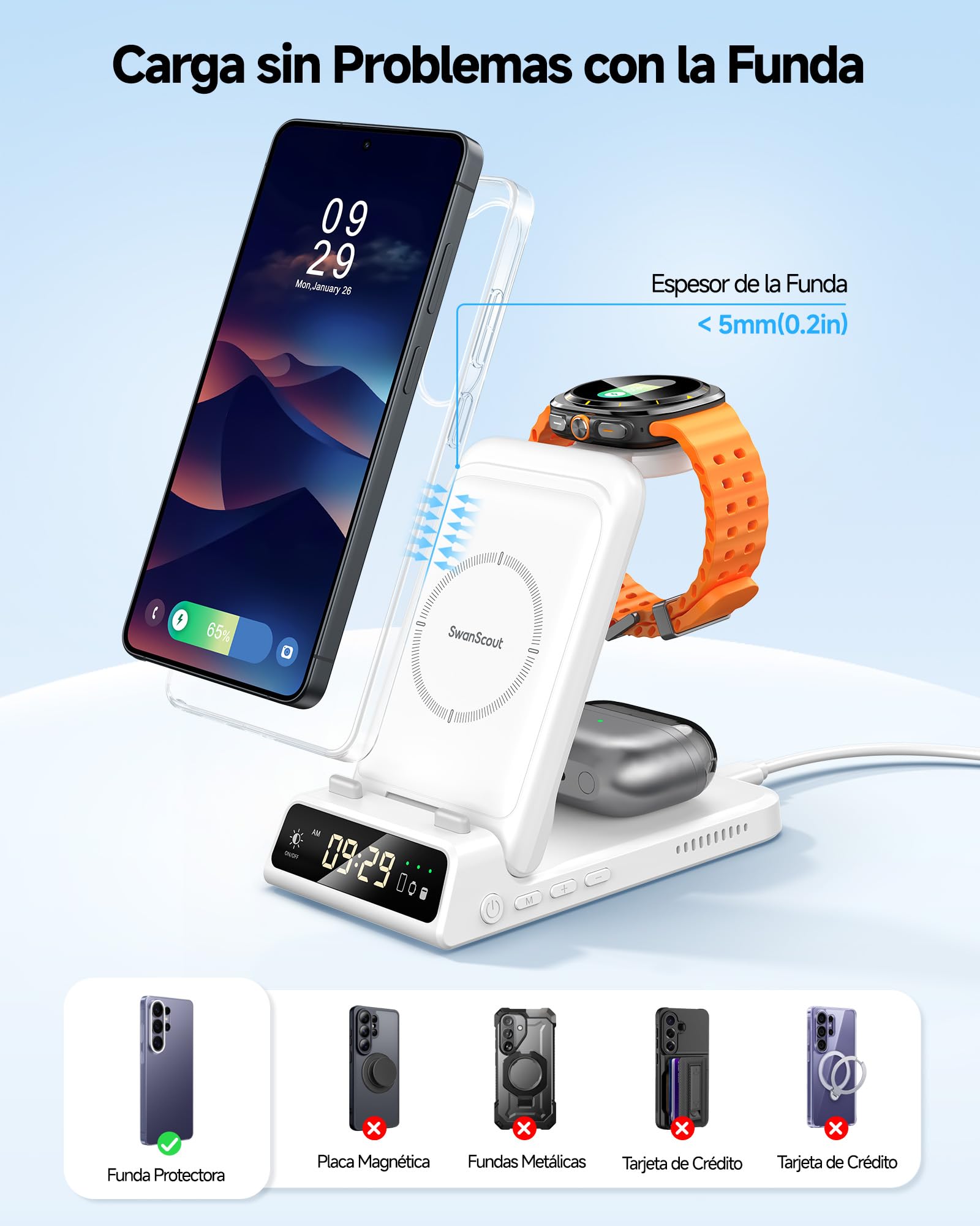 Cargador Inalámbrico para Samsung S26 Ultra, 3 in 1 Estación de Carga para Samsung S26/S25/S24/S23, Base de Carga para Galaxy Watch 8/8 Classic/Ultra/7, Galaxy Buds 4 Pro, SwanScout 703S (No Adapter)