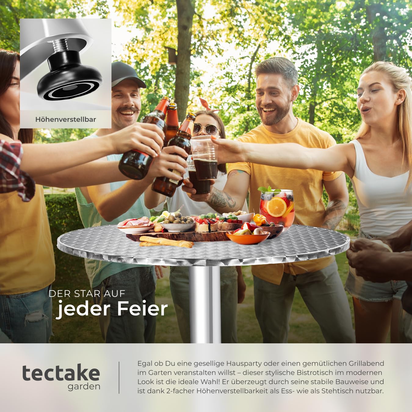 tectake® 2in1 Stehtisch klappbar Ø 60cm, Bistrotisch, Balkontisch klappbar, Bartisch aus Aluminium, höhenverstellbarer Tisch 75cm / 115cm, Partytisch