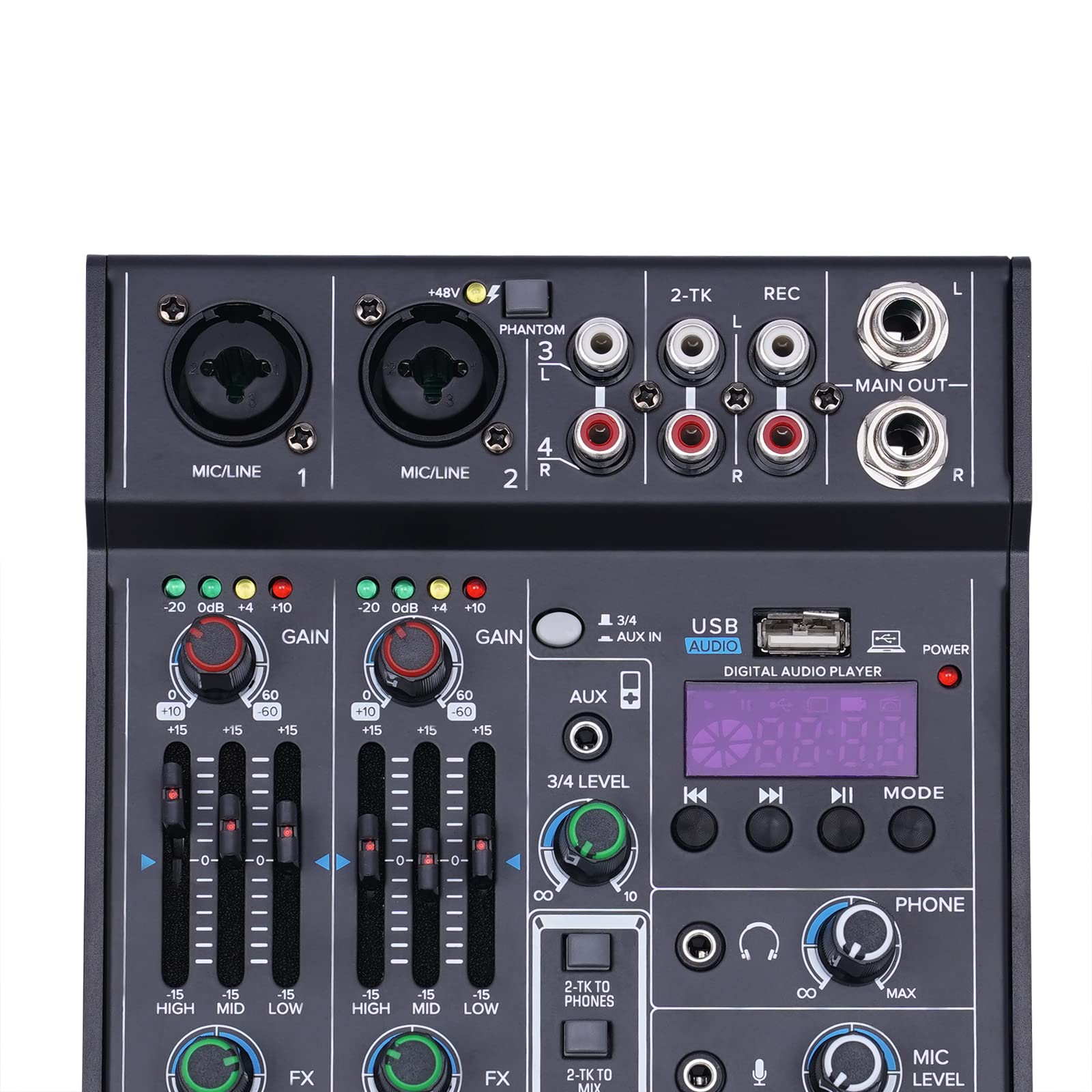 Mixer audio professionale, mixer audio DJ 4 canali, ingresso 48V alimentazione phantom, mixer stereo DJ per registrazioni, streaming live podcasting