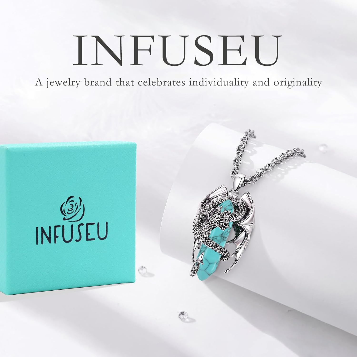INFUSEU Unique Dragon Necklaces with Healing Crystal Stone for Men Women, Personalized Spiritual Gifts, 24 Inch Chain - Image 7
