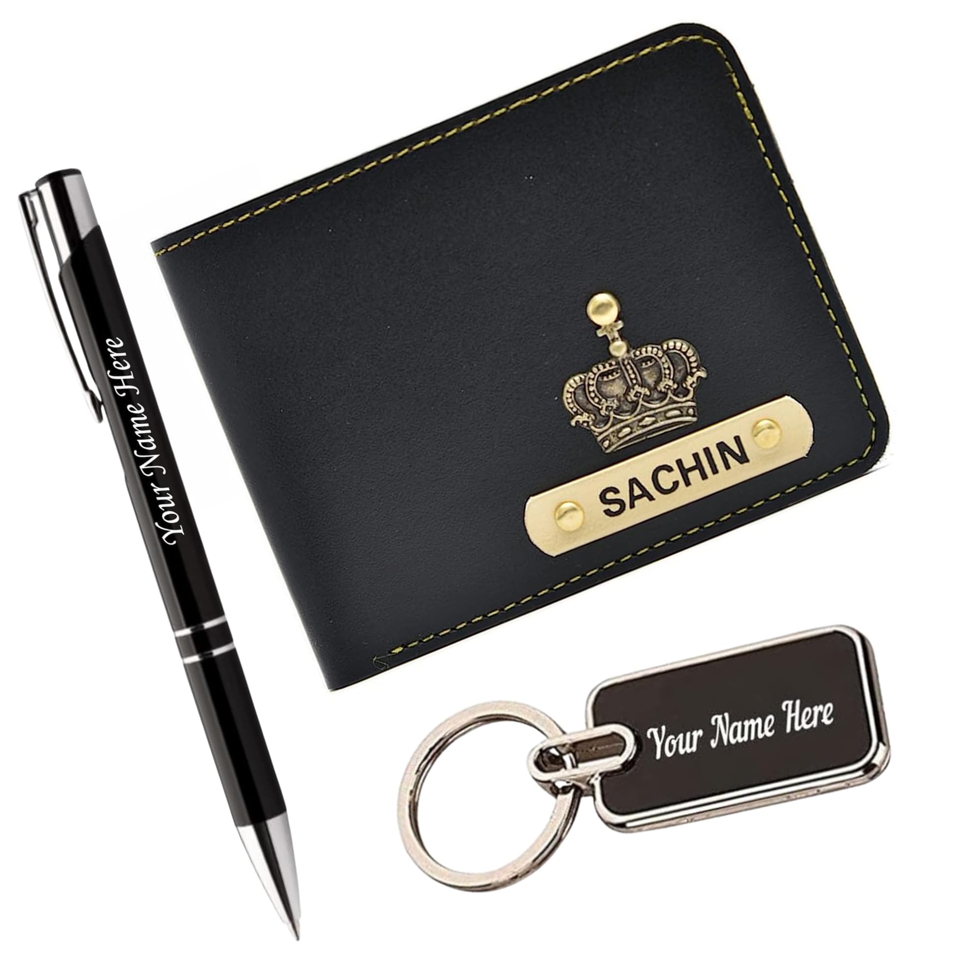 cybe Personalized Wallet for Men with TIK Tak Pen & Keychain | Custom Name Engraved Faux Leather Wallet Combo Gift for Husband, Father, Brother, Boyfriend (Black)-picture-10