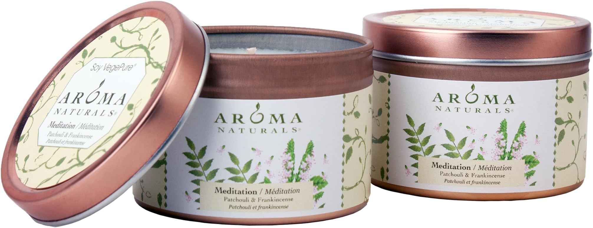 Tin Candle with Patchouli and Frankincense Essential Oil Natural Soy Scented, Meditation, 2 Count