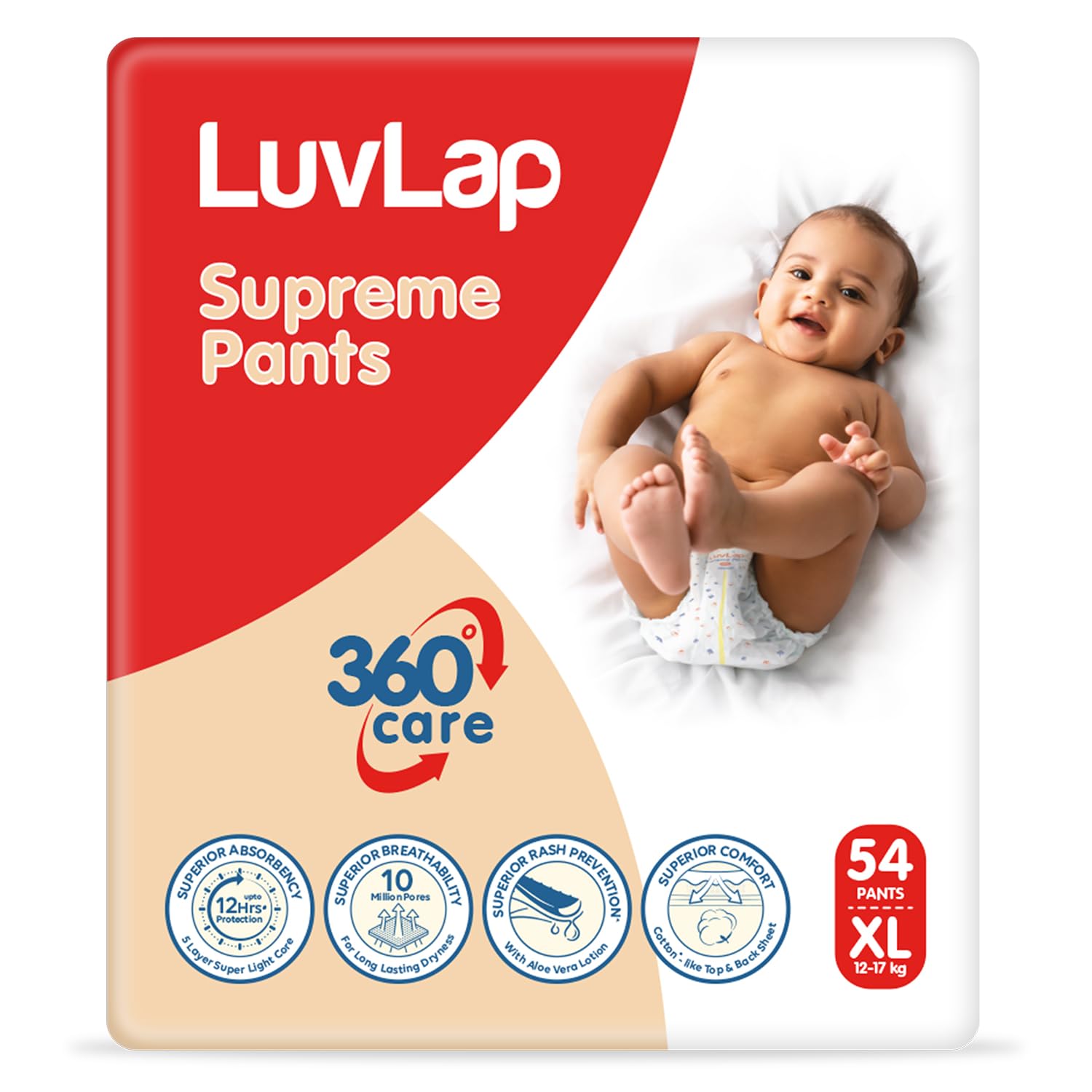 LuvLap Supreme Diaper Pants Extra Large (XL) 12 to 17Kg, 54Pc, 360° skin care with 10 million breathable pores, Aloe Vera for superior Rash prevention, upto 12hr protection, 5 layer super light core-picture-32
