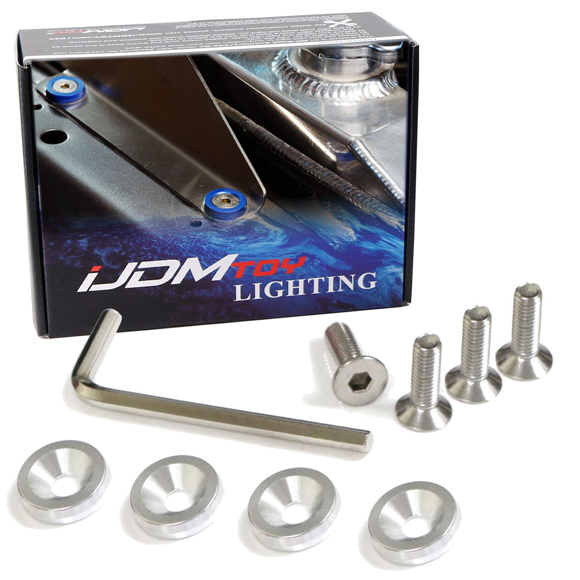 iJDMTOY 4pc JDM Racing Style M6 Silver Aluminum Washers Bolts Kit Compatible with Car License Plate Frame, Fender, Bumper, Engine Bay, etc