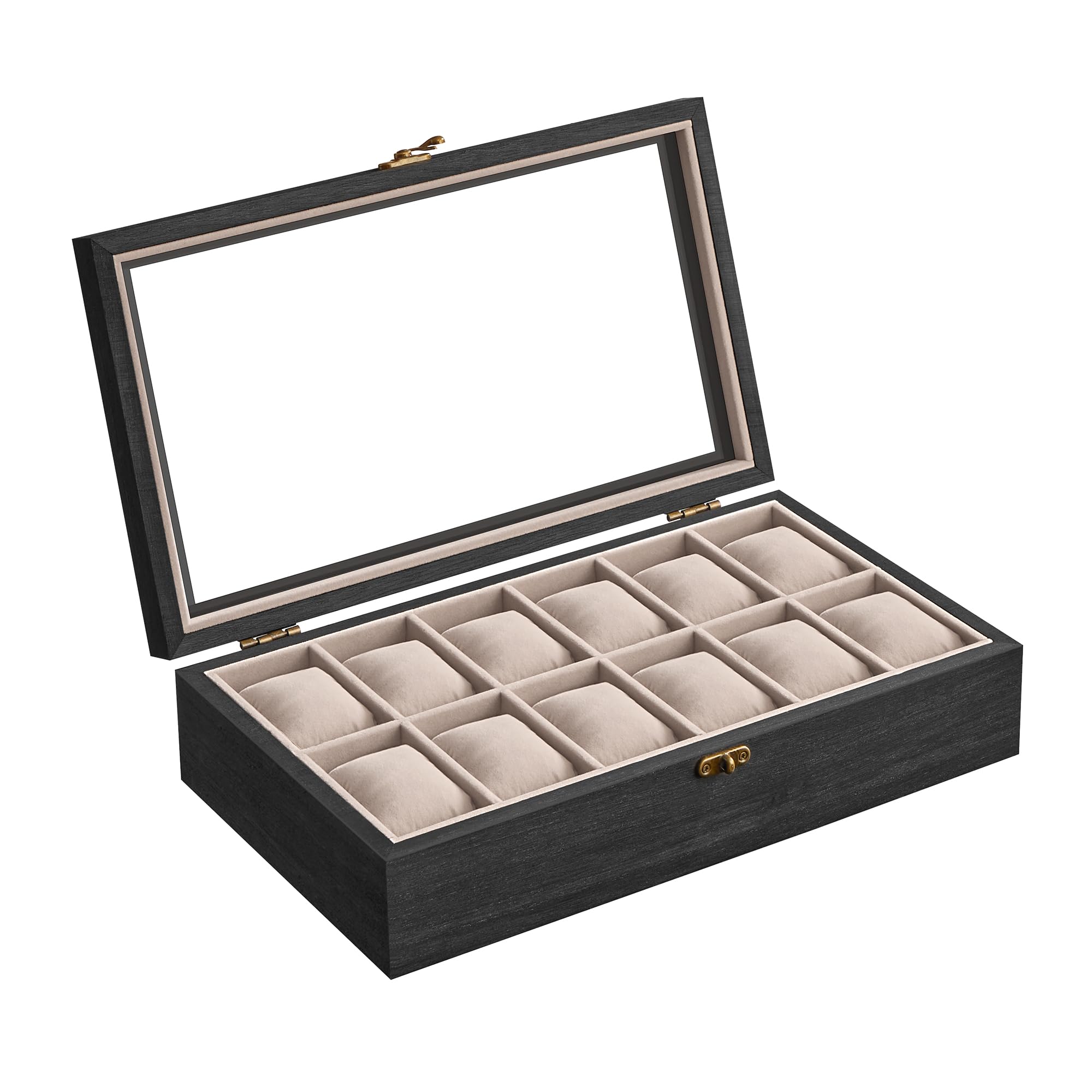 SONGMICS Scatola per Orologi, Scatola Porta Orologi a 12 Scomparti, Portaorologi in Legno con Coperchio in Vetro e Cuscinetti Rimovibili, Idea Regalo, Nero Ebano JOW120B01