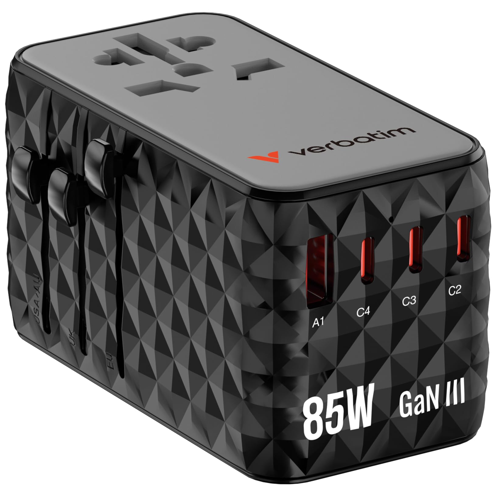Verbatim GaN uniwersalny adapter podróżny z wbudowanym kablem USB C, 85 W, adapter z 1 gniazdem USB-A i 3 portami USB-C, szybka ładowarka do laptopa, telefonu komórkowego, aparatu, do zastosowania na
