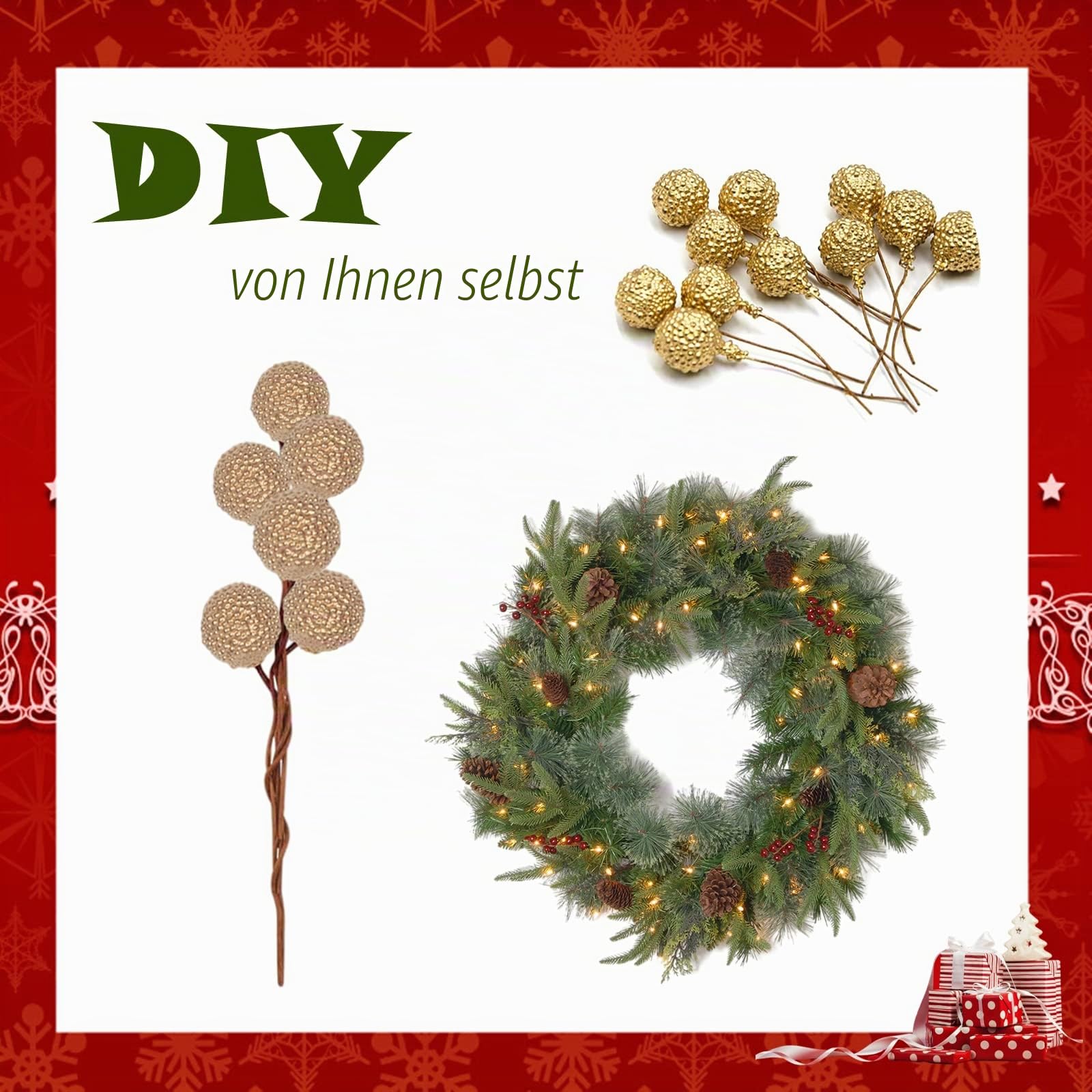 100Stück Weihnachten Künstliche Berries,Gold Gefrostet Holly Beeren Mini Weihnachtsbeere Künstliche Stechpalme für Weihnachten Kranz Dekorationen Kranz Machen Zubehör, Christbaumschmuck Decoration