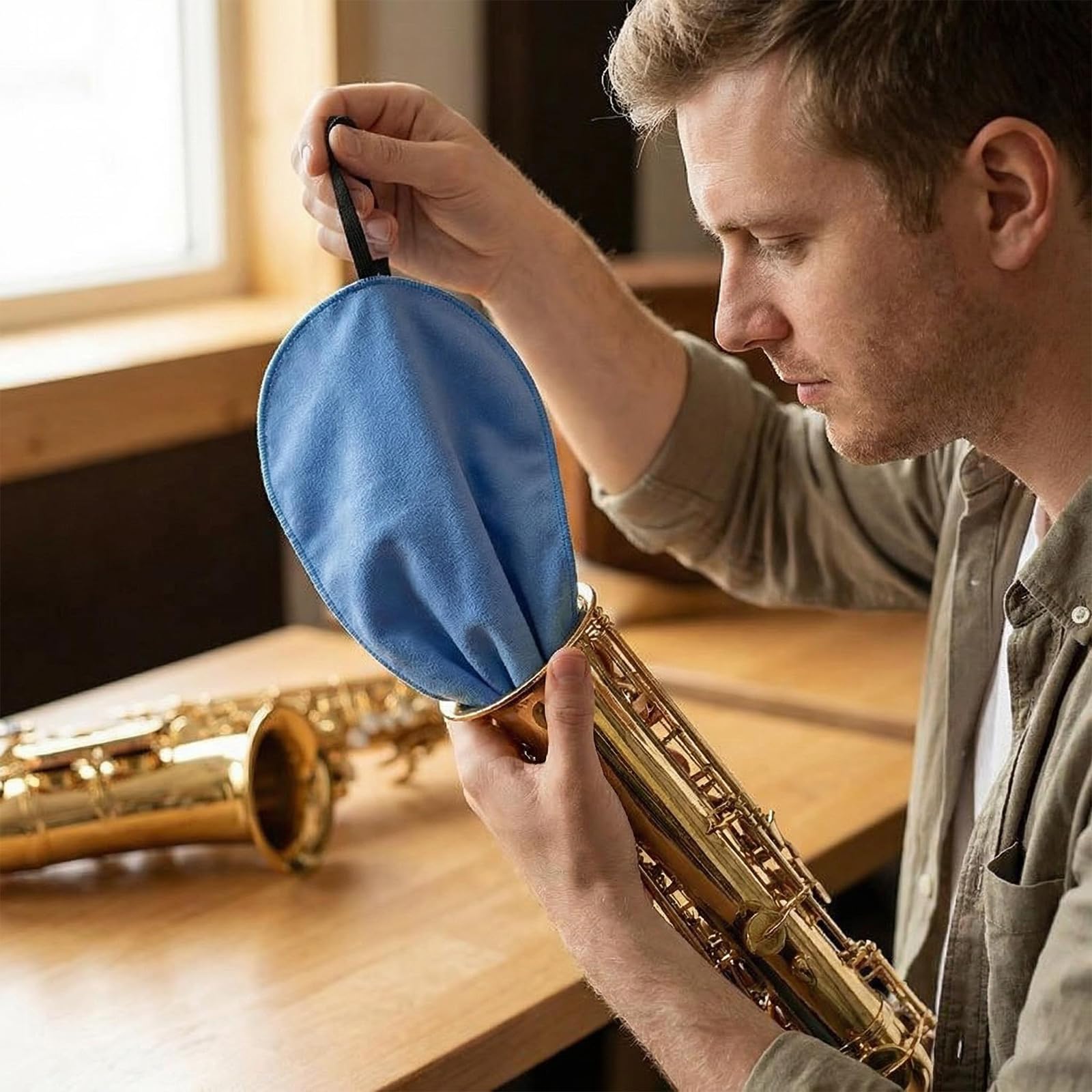 Kit d'Entretien pour Saxophone et Instruments à Vent, Lot de 2 Chiffons de Nettoyage Microfibre et Nylon Bleu, Forte Absorption d'Eau avec Corde et Pendentif en Métal pour Saxophone, Clarinette et Flû