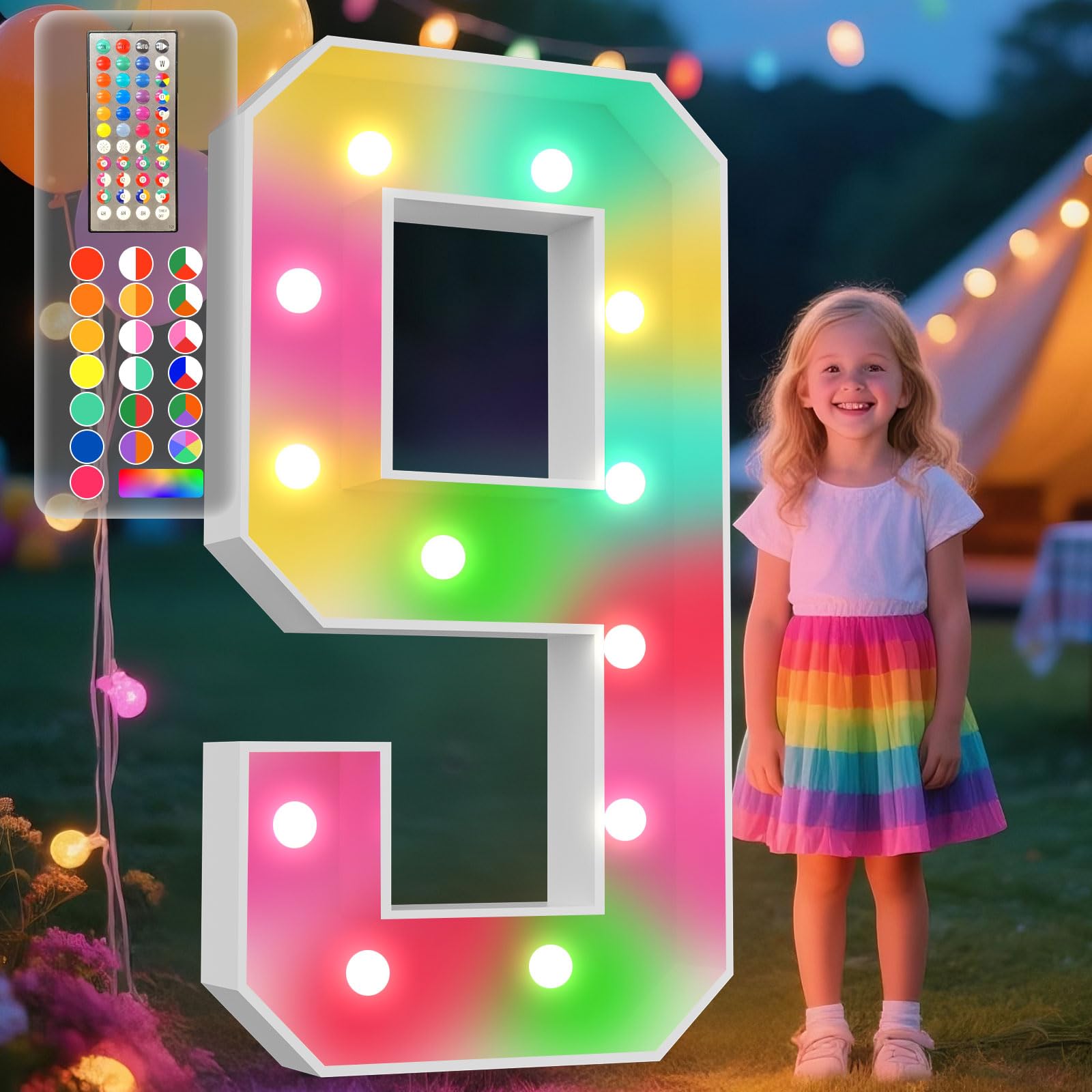 Ledido 4FT Colorful Marquee Light Up Number 9 for Birthday