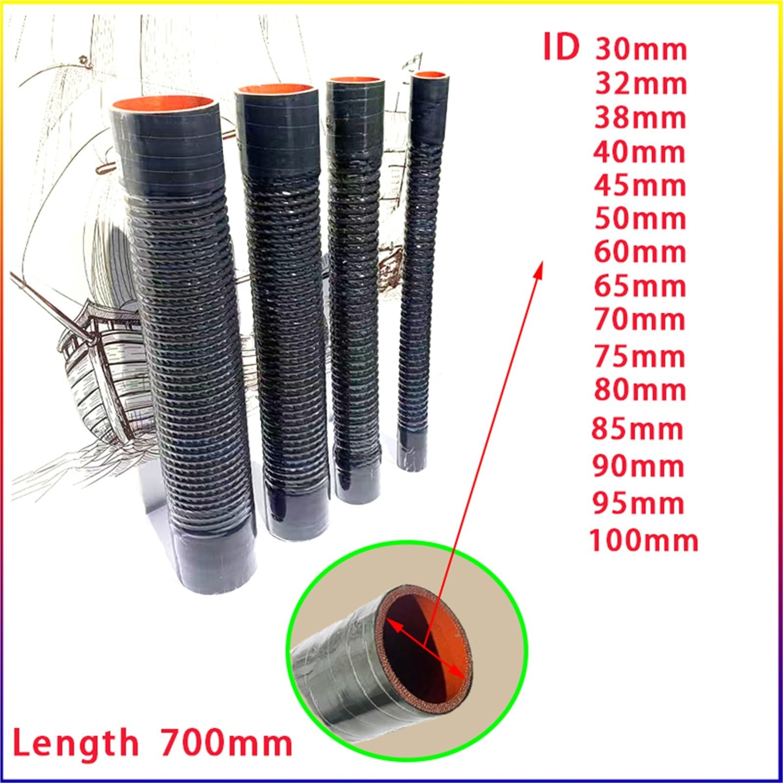 Mod silnik wąż chłodzący Wąż silikonowy ID30-100mm, długość 700mm, czerwony, do wlotu powietrza, chłodnicy, wysokich ciśnień, Atureauto(Black ID95X700MM)