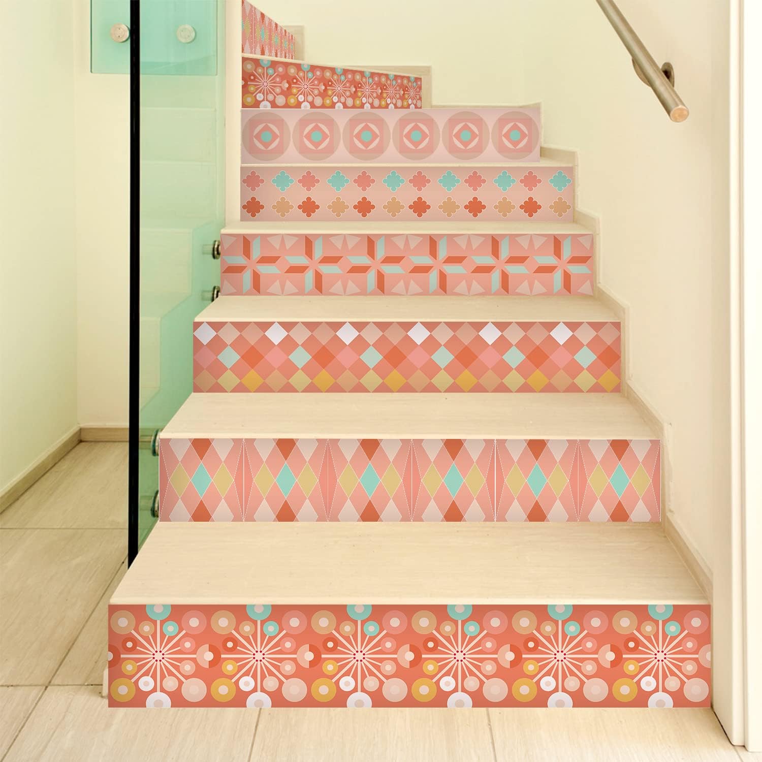 Alwayspon Stair Riser Stickers Peel and Stick, Retro Pink Vinyl Stair Mural Decals Self-Adhesive Removable Contact Paper for Home Decor, 39.37x7.09inchx13Pcs