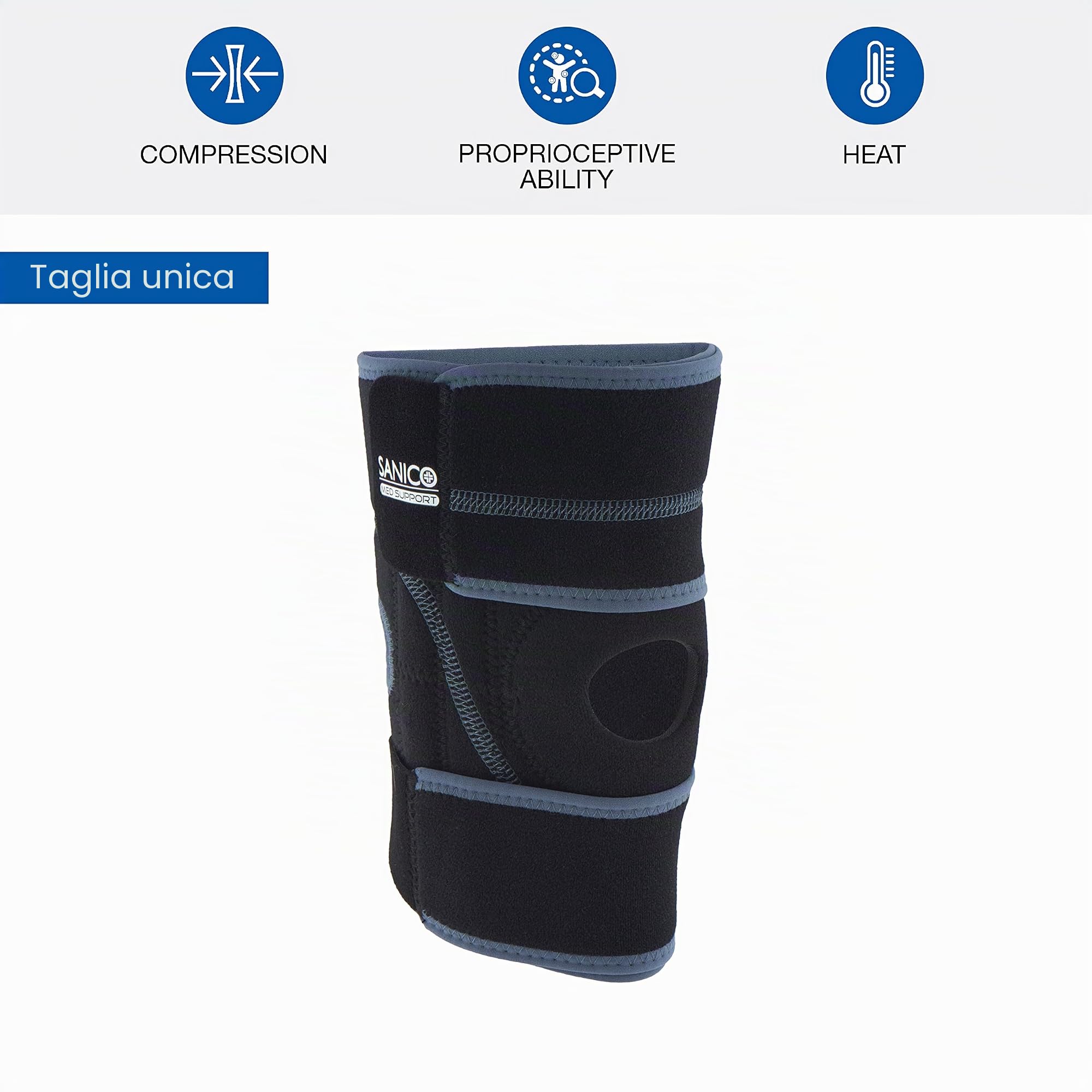 SANICO Ginocchiera Ortopedica - Supporto per Ginocchio con Leggera Compressione - Tutore Ginocchio Ortopedico in Neoprene, Protegge e Favorisce la Circolazione Sanguigna, Traspirante - 55x0,3x25cm