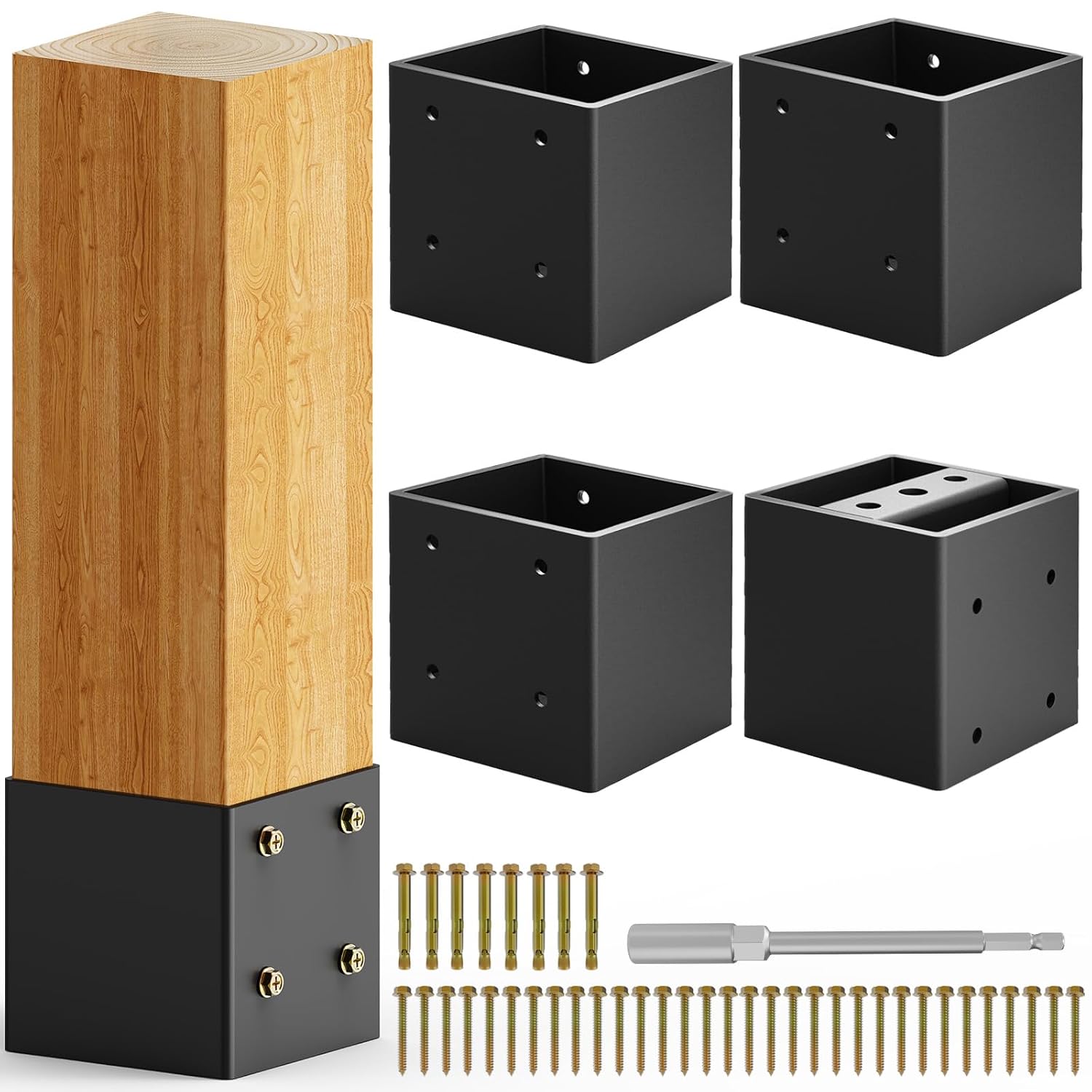 4x4 Post Base, Concealed Fastener Concrete Post Anchor,Elevated Post Base | 3.5mm Thick, Black Rust Resistant Coating, 5000 Lbs Load,Ideal for 3.5" Wood Posts on Deck, Pergola, Patio & Porch（4Pack）