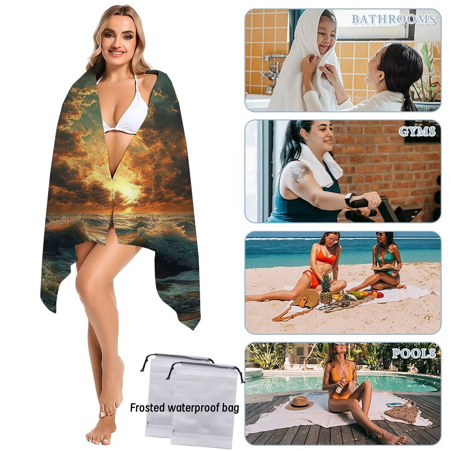 Telo Mare Microfibra Asciugamani Teli da Spiaggia Asciugamano Palestra 2 Set Antisabbia 100 x 200 cm xxl Uomo Donna Accessori Mare Telo Mare Grande per Piscina Bagno Regali Travel Regali (ondate) U948
