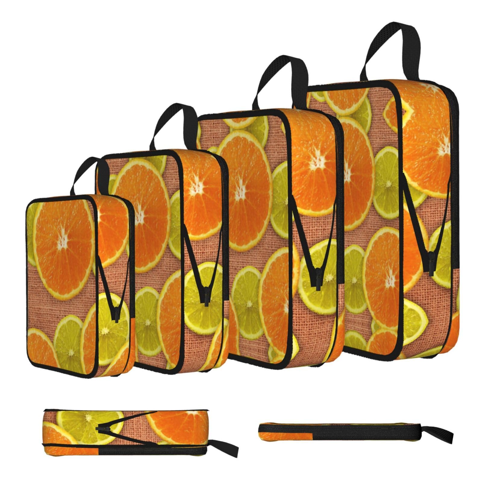 Lemons And Oranges Print 4 Set Compression Packing Cubes For Suitcases,Expandable Storage Bags Organizers