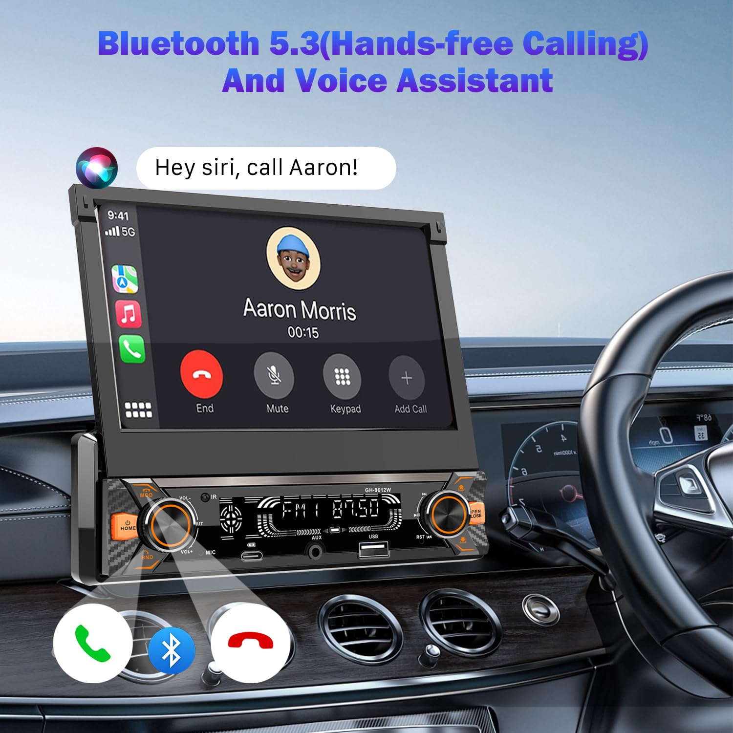 Autoradio 1 Din con Schermo (7" Retrattile Automatico) Compatibile con [Wireless] Apple CarPlay Android Auto Bluetooth AM/FM/RDS Radio USB (Type-C carica rapida 3A) AUX SD telecamera di backup