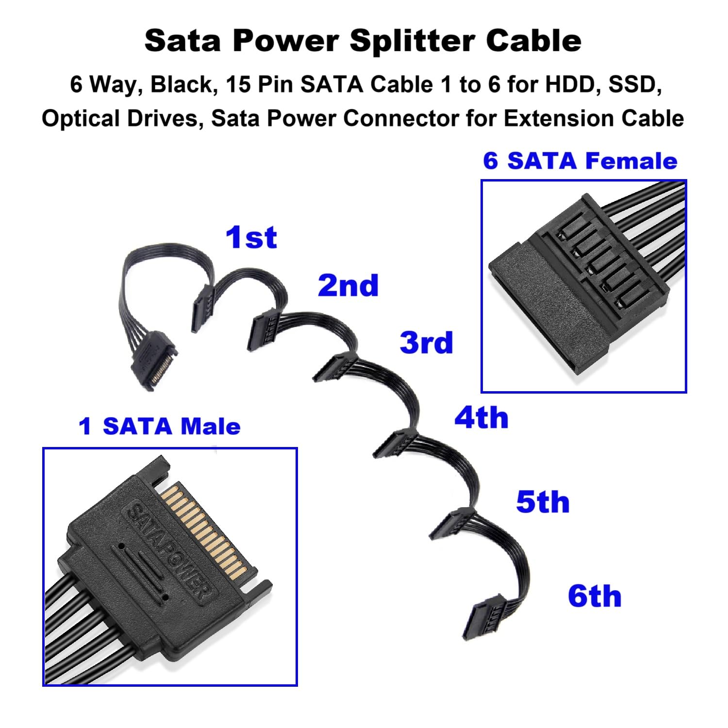 Cable divisor de alimentación Sata de 5.5 pulgadas, 6 vías, negro, cable SATA de 15 pines de 1 a 6 para HDD, SSD, unidades ópticas, conector de alimentación Sata para cable de extensión 3