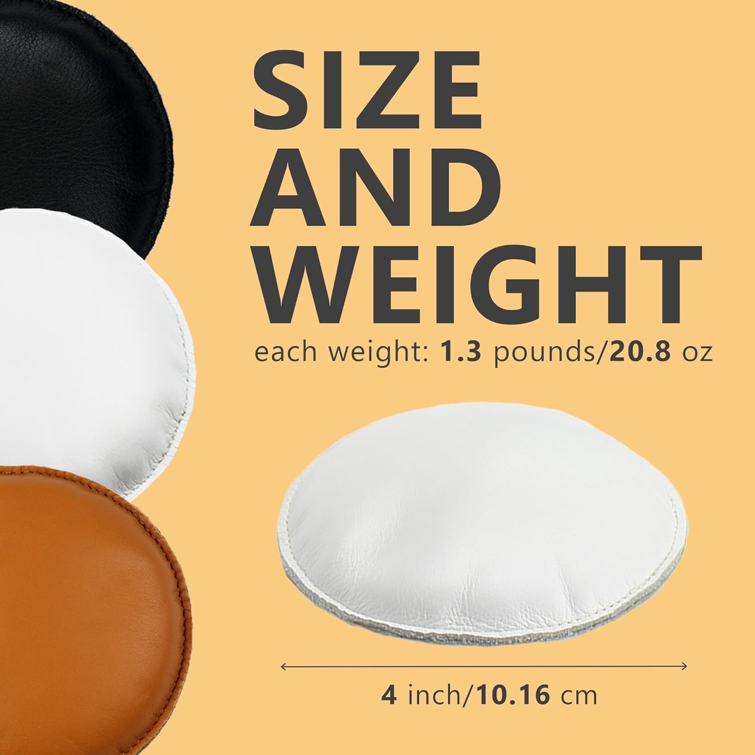 4" Round Leather Poster Weights, 1.5 lbs per Weight, Filled Microbeads Steel Shots, Handstitched with Top Grain Leather, Unbranded Circle Weight with Soft Touch for Paper, Map, Sewing, Desk, Office