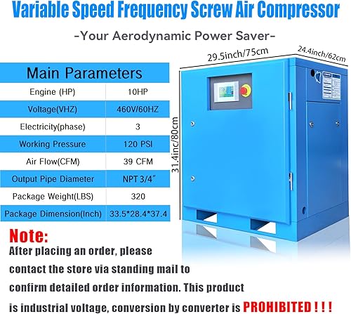 Miniatura 2 de Compresor de aire de 460V 10HP Compresor de aire trifásico 60Hz Frecuencia de velocidad variable Tornillo rotatorio Compresor de aire 39cfm 120 psi