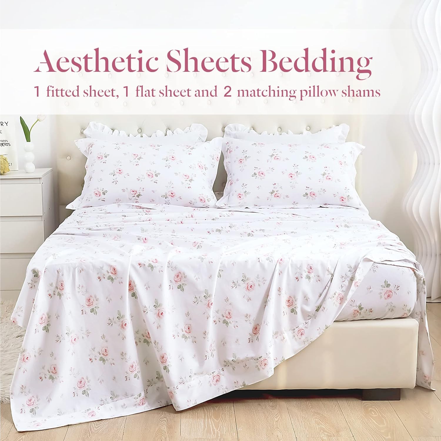 Lady Ann 100% Cotton Floral King Size Sheets Set Deep Pockets, Shabby Vintage Chic Printed Bed Sheets Rose Flower Pattern Cotton King Bedding 4-Piece Breathable Botanical Sheets