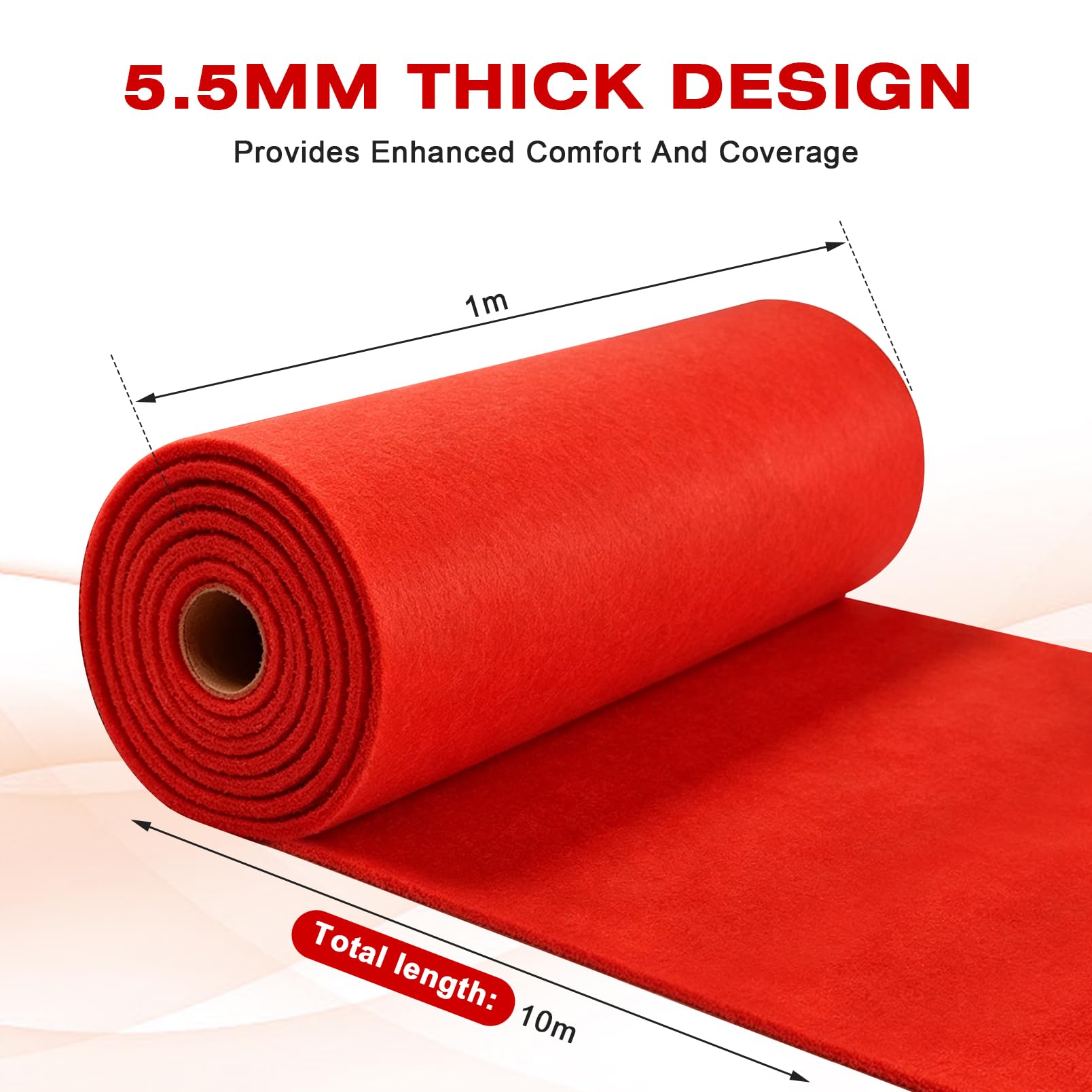 Roter Teppich 1 x 10 m, Teppichläufer mit 5,5 mm Stärke, Wiederverwendbarer | Eventteppich aus Polyester, Zuschneidbar, Für Hochzeit, Party, Gala, Empfang, Innen- und Außenbereich