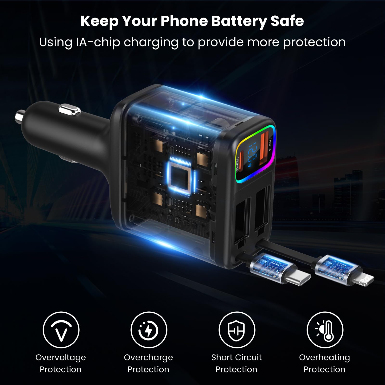 Chargeur Voiture 12V/24V Encastrable 83W - Double USB (65W PD Type-C + 18W QC3.0) Avec écran Tension Et Interrupteur - 6