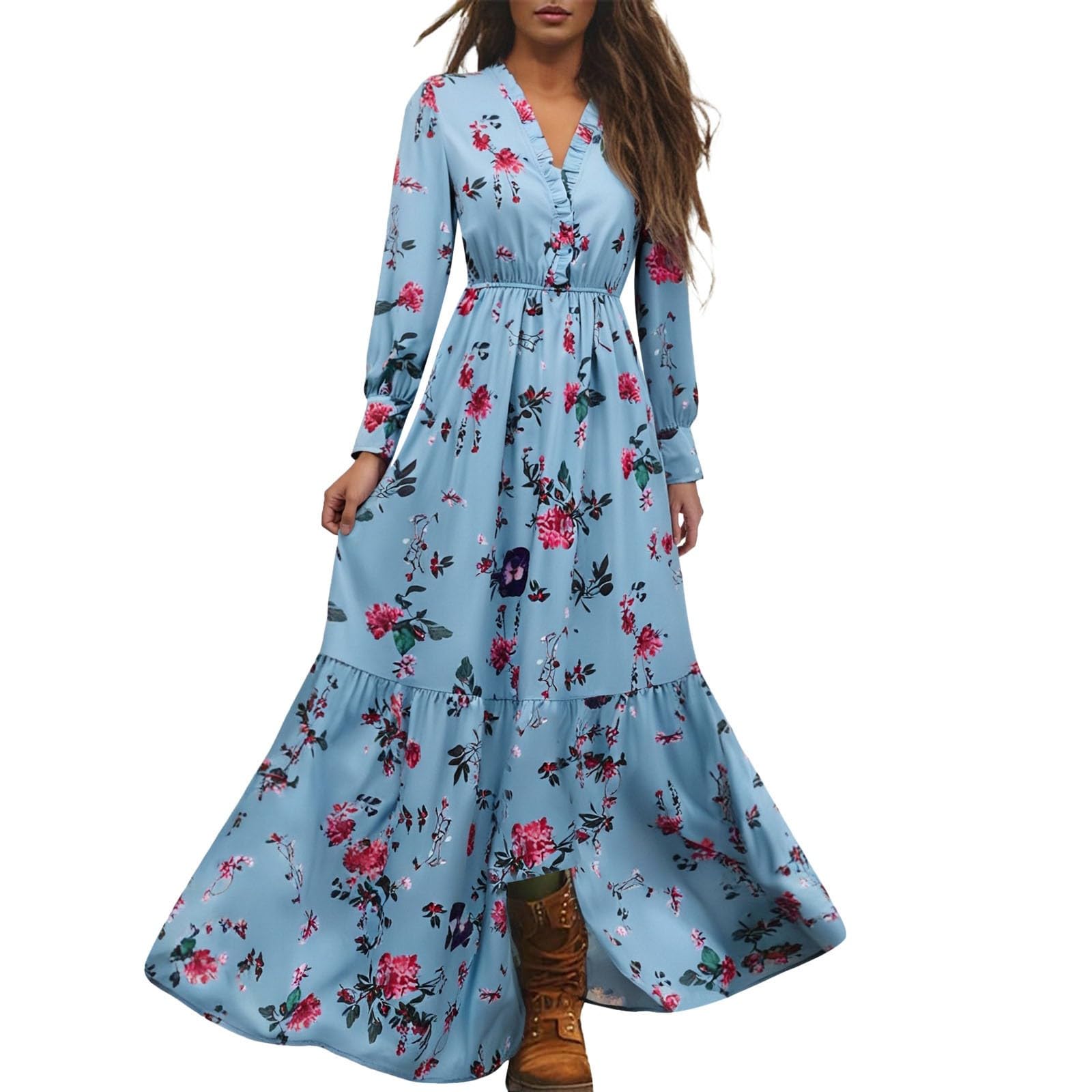 Robe Longue Femme À Fleurs, Robe Manche Longue Femme Sexy Col en V Retro Décontractée Traditionelle Coupe Ample Fluide Confortable Costume Festival Vêtements Party Déguisement Quotidien