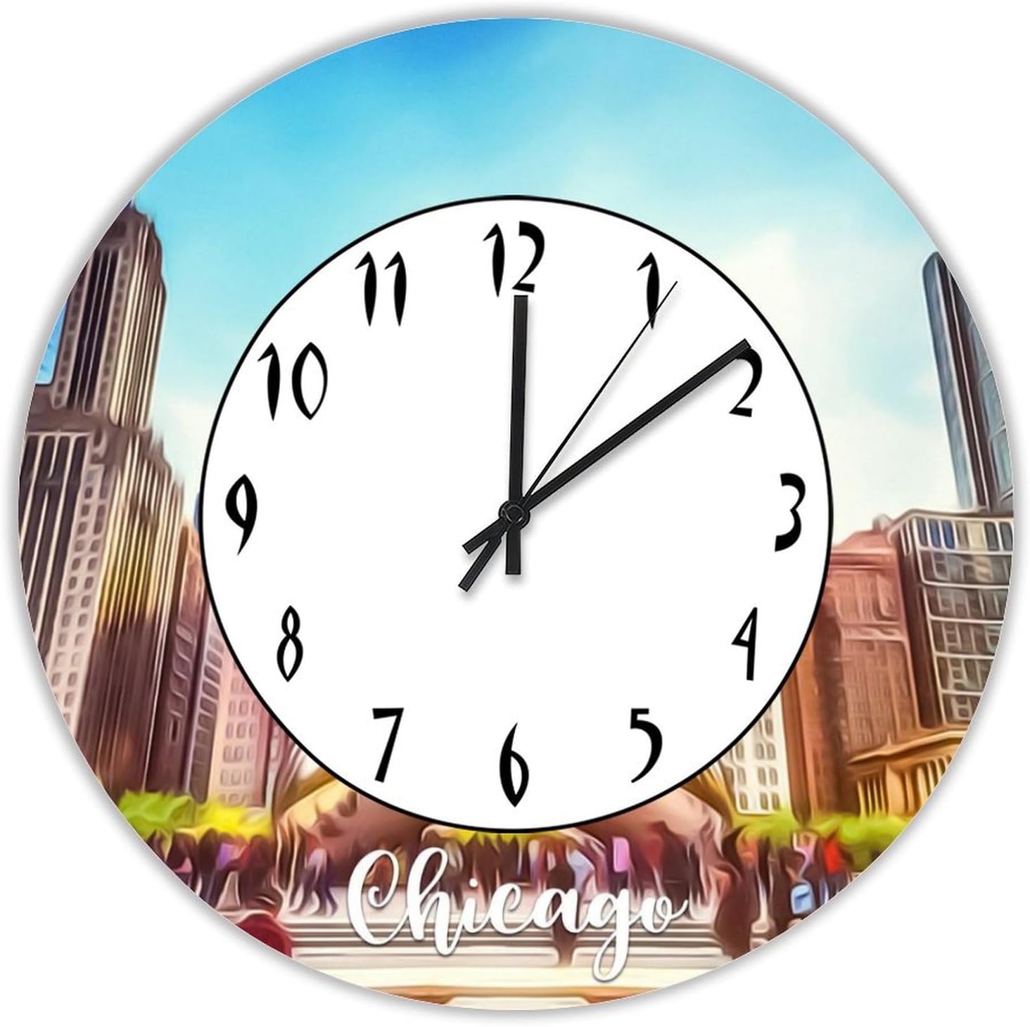 Chicago Decorative Wood Wall Clock for Kitchen Dining Room Home Decoration Chicago Scenery Cityscape Silent Non-Ticking Battery Operated Hanging Wooden Clock 12 Inch