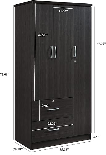 Miniatura 10 de Hodedah Barra de ropa de 3 puertas 2 cajones y 3 estantes armarios blancos para dormitorio