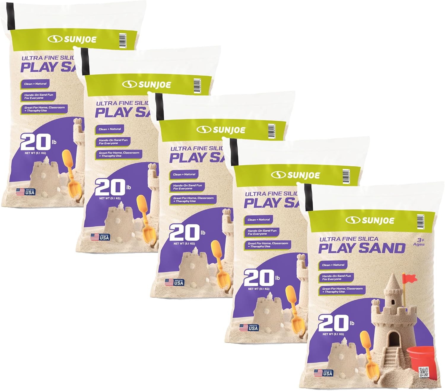 Sun Joe 5 Pack Silica Play Sand for Sandbox, Sensory Table & Garden Spaces, Ultra Fine, 20 Lbs - Natural Craft Accessory for Molding, Digging & Sculpting - Ideal for Indoor and Outdoor Use