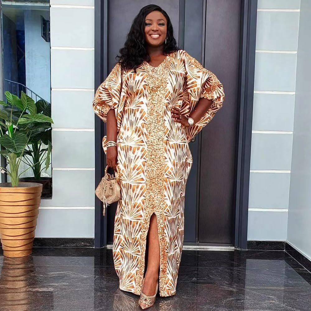 HD Women's Sequin African Bubu Dress Front Slit Stylish Plus Size Gown - Image 2