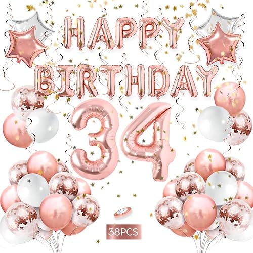 Decoraciones de cumpleaños número 34 para niñas decoraciones de fiesta de oro rosa para mujeres para fiestas pancarta de feliz cumpleaños confeti de