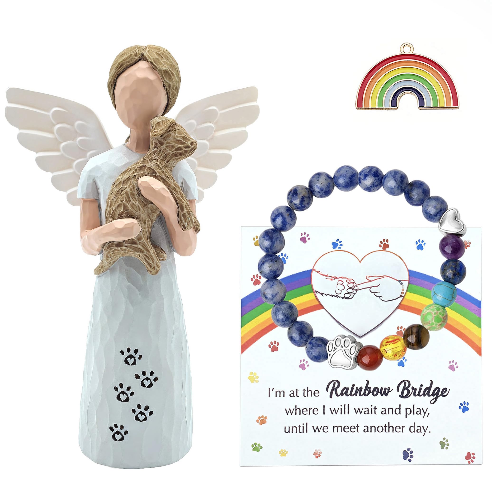 Dog Memorial Gifts for Loss of Dogs Sympathy Gift Pet Memorial Gifts for Dogs, include Rainbow Bridge and Card, Bracelet, Hand-Painted Resin Figure Statues Angel Hugging the Beloved Dog of Brown