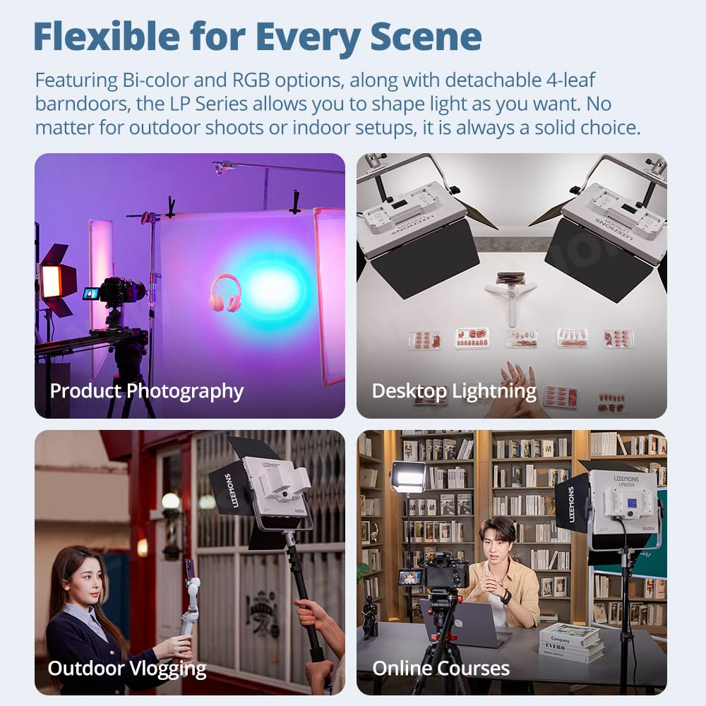 Godox Pacchetto di 2 Litemons LP600R RGB LED Light Panel Kit con Tripod/Carry Bag, App Control, 60 W Photo Studio Lighting, 1800 K - 10000 K, 14 modalità FX, rotazione a 360° (LP600R K2)