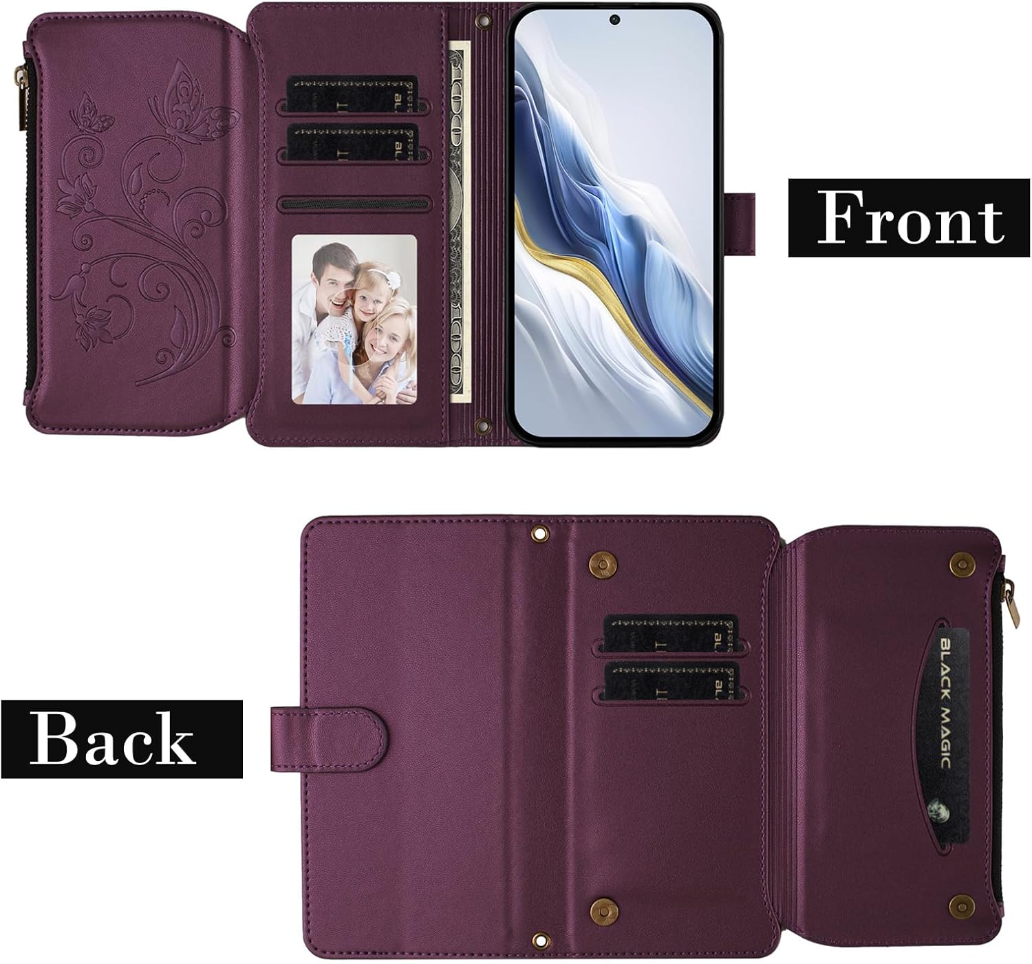 for TCL K32 5G/TCL K33 5G Phone Wallet Case with Screen Protector Leather Zipper Pocket Card Slots Flip Cell Phone Case Floral Butterfly Cover for TCL K 32 33 T513Z T513W TCLK32 TCLK33 Purple