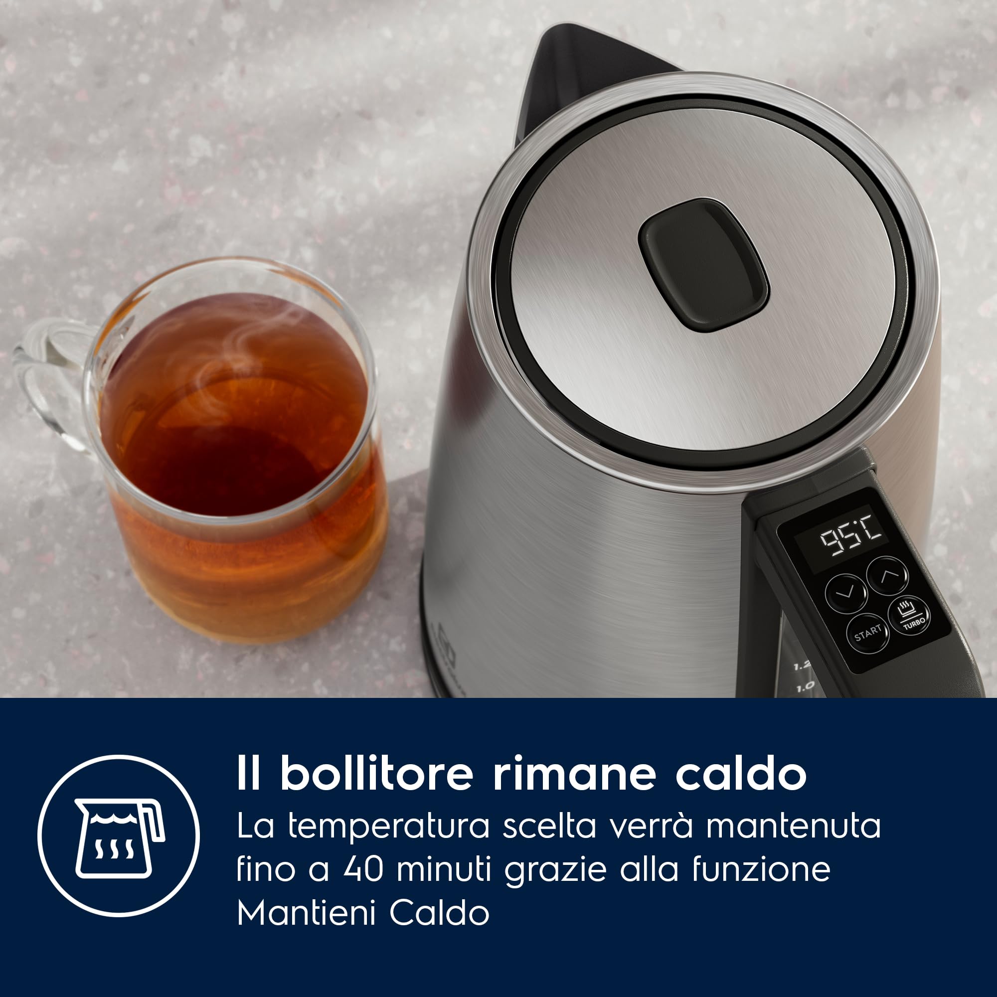 Electrolux Create 5 E5K1-6ST, Bollitore Elettrico 1,7 L, Funzione Turbo e Mantenimento Caldo, Controllo Preciso della Temperatura, Spegnimento Automatico, Design Elegante e Compatto, Acciaio Inox