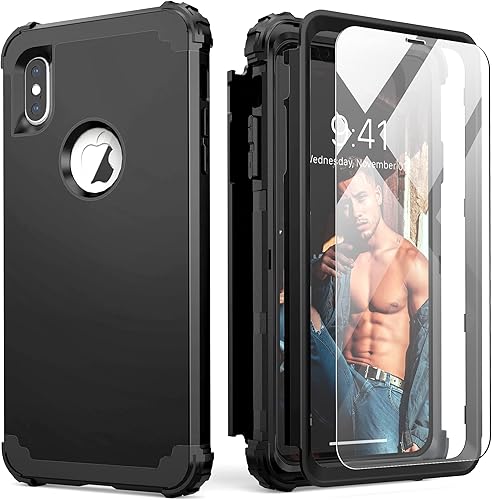 IDweel Funda para iPhone Xs Max con protector de pantalla de vidrio templado, absorción de golpes 3 en 1, protección resistente, cubierta de