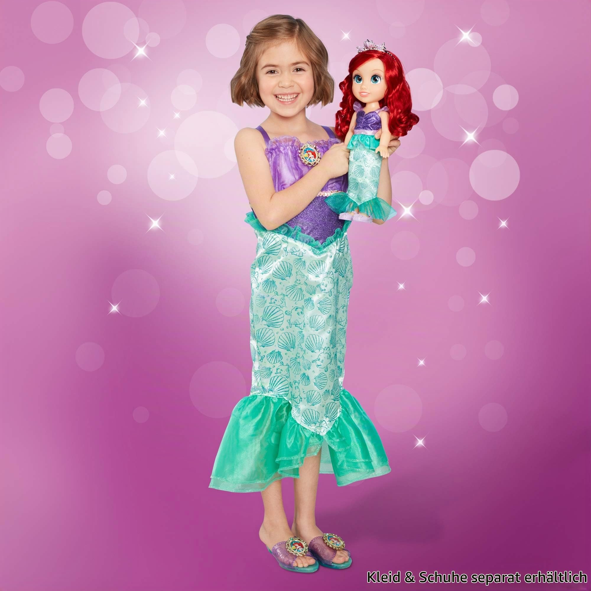 Disney Princess Arielle Puppe 35cm, reflektierende Glitzeraugen, bewegliche Gelenke, ausziehbares Outfit, Schuhe, Diadem, langes rotes Haar, für Mädchen ab 3 Jahren