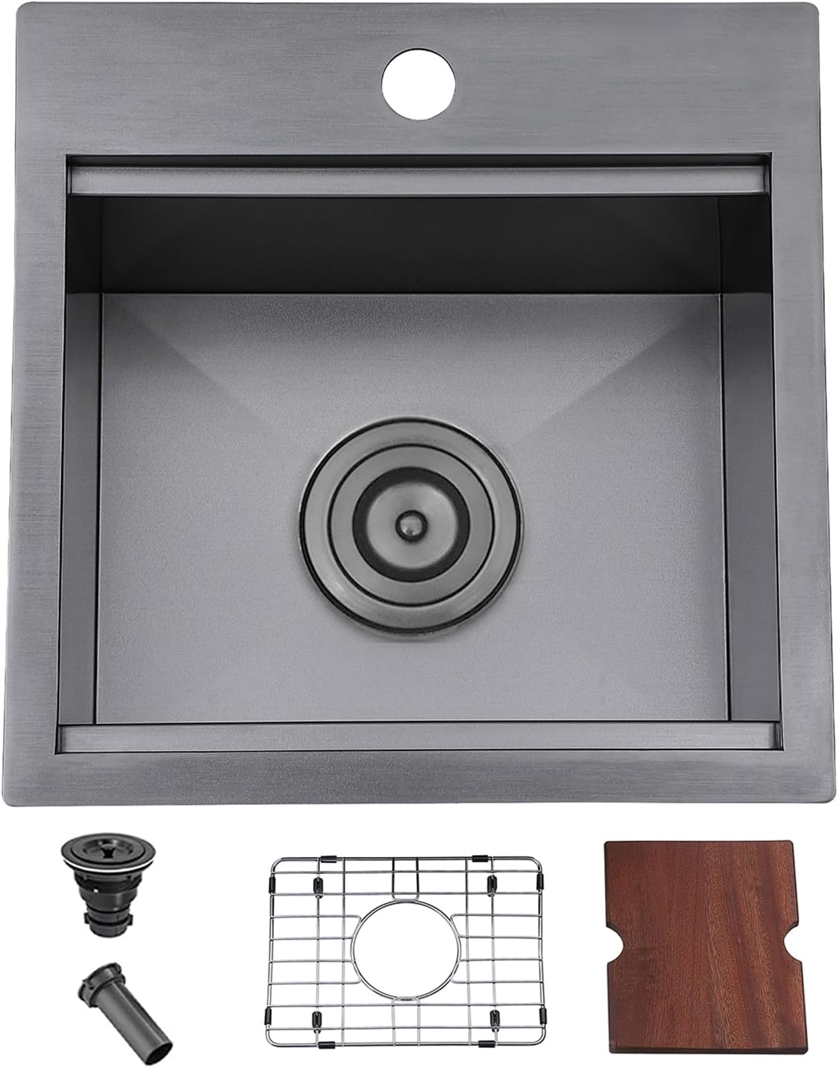 KINGO HOME Black Bar Sink Drop In,15 x 15 Inch Gunmatel Black Single Bowl Small Kitchen Sinks,16 Gauge 304 Stainless Steel Topmount Wet Bar Sink Prep Sinks With Grid&Drain&Cutting Board
