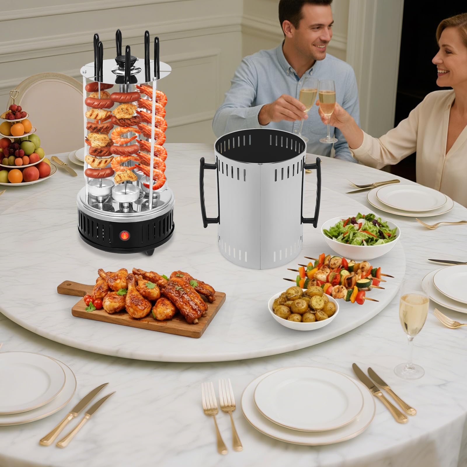 Barbecue elettrico verticale da 1000 W con 6 spiedini, barbecue da tavolo senza fumo, in acciaio inox, per balcone e giardino, barbecue per spiedini e grill girevole per la casa (20 x 37,5 cm)