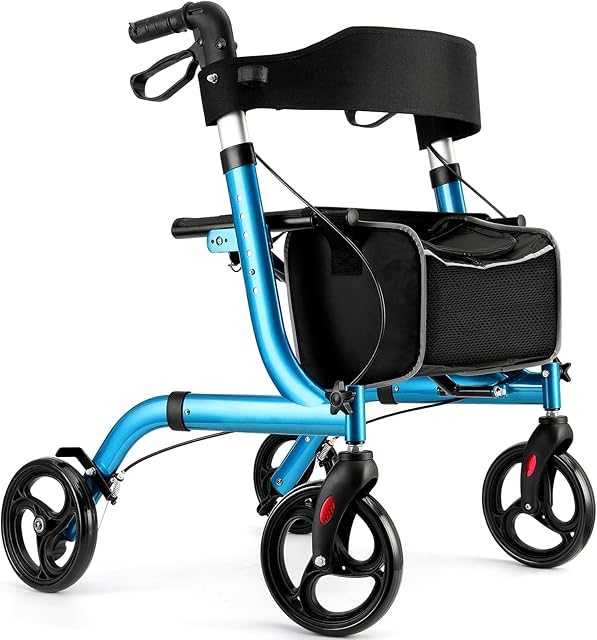 Healconnex Rollator Walkers for Seniors-Folding Rollator Walker with Seat and Four 8-inch Wheels-Medical Rollator Walker with Comfort Handles and Thick Backrest-Lightweight Aluminium Frame,Blue