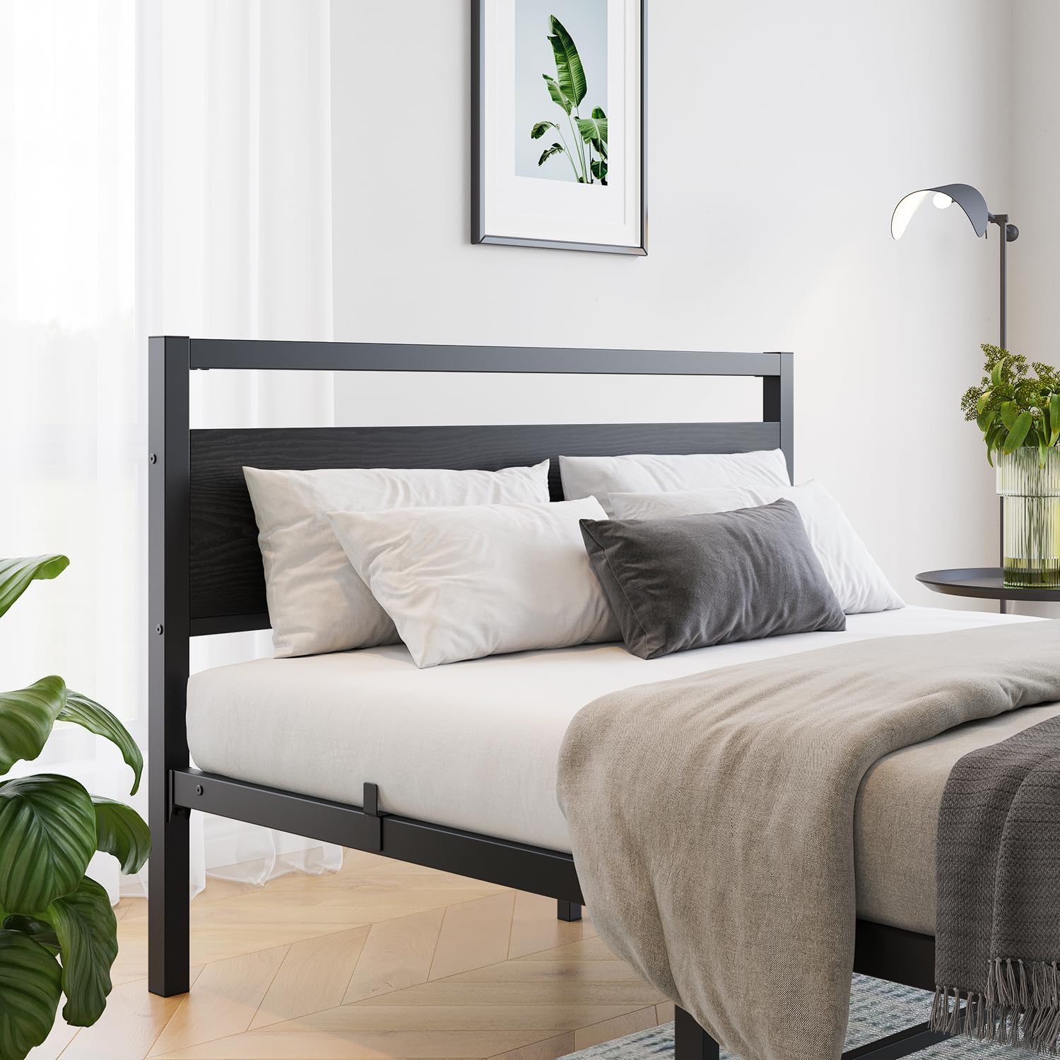 HOJINLINERO Telaio letto in metallo legno, struttura letto in metallo, 120 x 200 cm, con rete a doghe, letto matrimoniale per ragazzi con spazio di archiviazione, colore nero