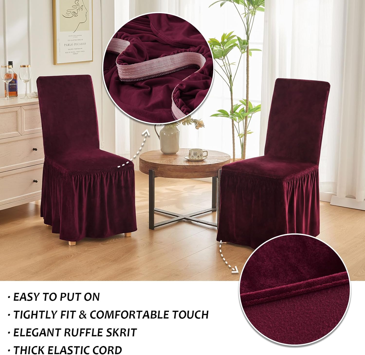 NICEEC Spandex Chair Covers for Dining Chairs Covers Set of 4 Removable Dining Room Chair Covers with Skirt Parson Chair Slipcovers Washable Chair Protector for Kitchen Wedding Party(Wine Red)